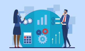 Strategy for company development concept. Employees conduct comparative analysis to improve their work. Competitiveness of business. Cartoon flat vector illustration isolated on blue background